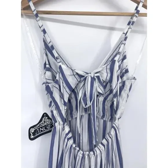 Angie Striped Tiered Coastal Sundress Women’s Large Blue White Shimmer Tie Back - Picture 7 of 12